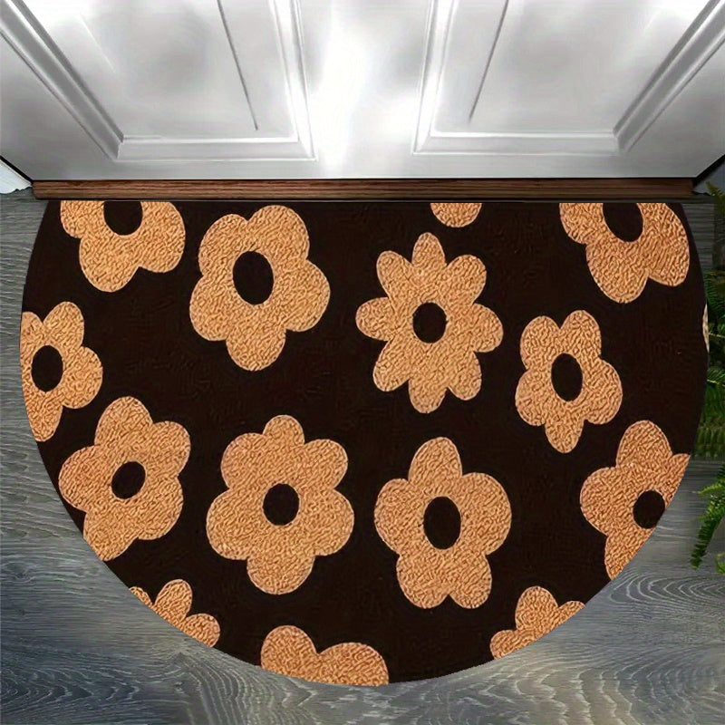 Tapis rond demi-lune noir à grandes marguerites couleur kraft