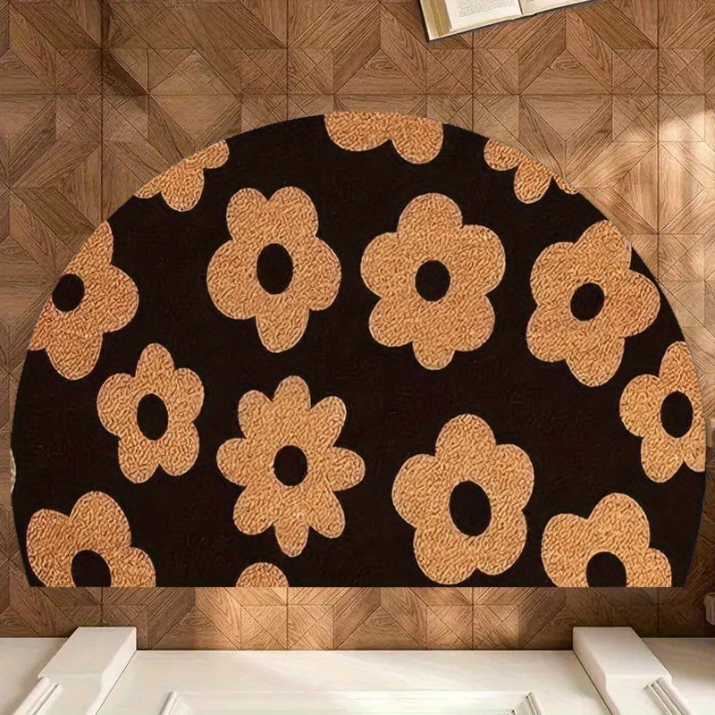Tapis rond demi-lune noir à grandes marguerites couleur kraft