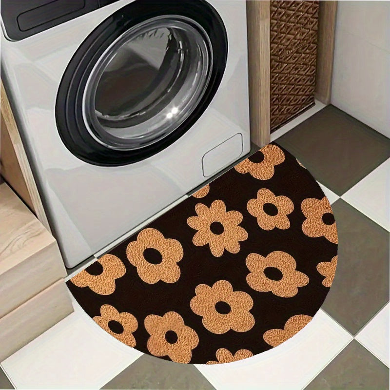 Tapis rond demi-lune noir à grandes marguerites couleur kraft