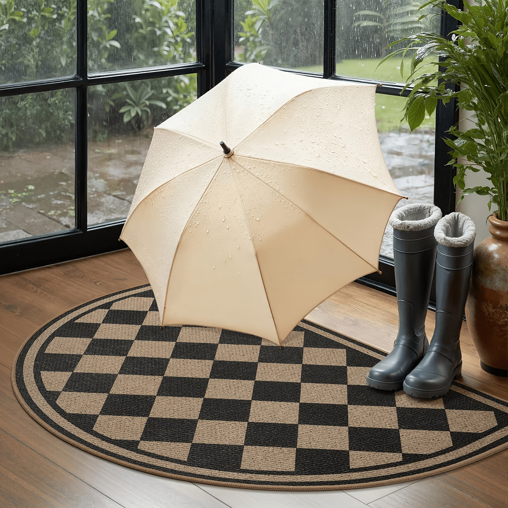 Tapis rond demi-lune à damier beige et noir, profil de 5 mm