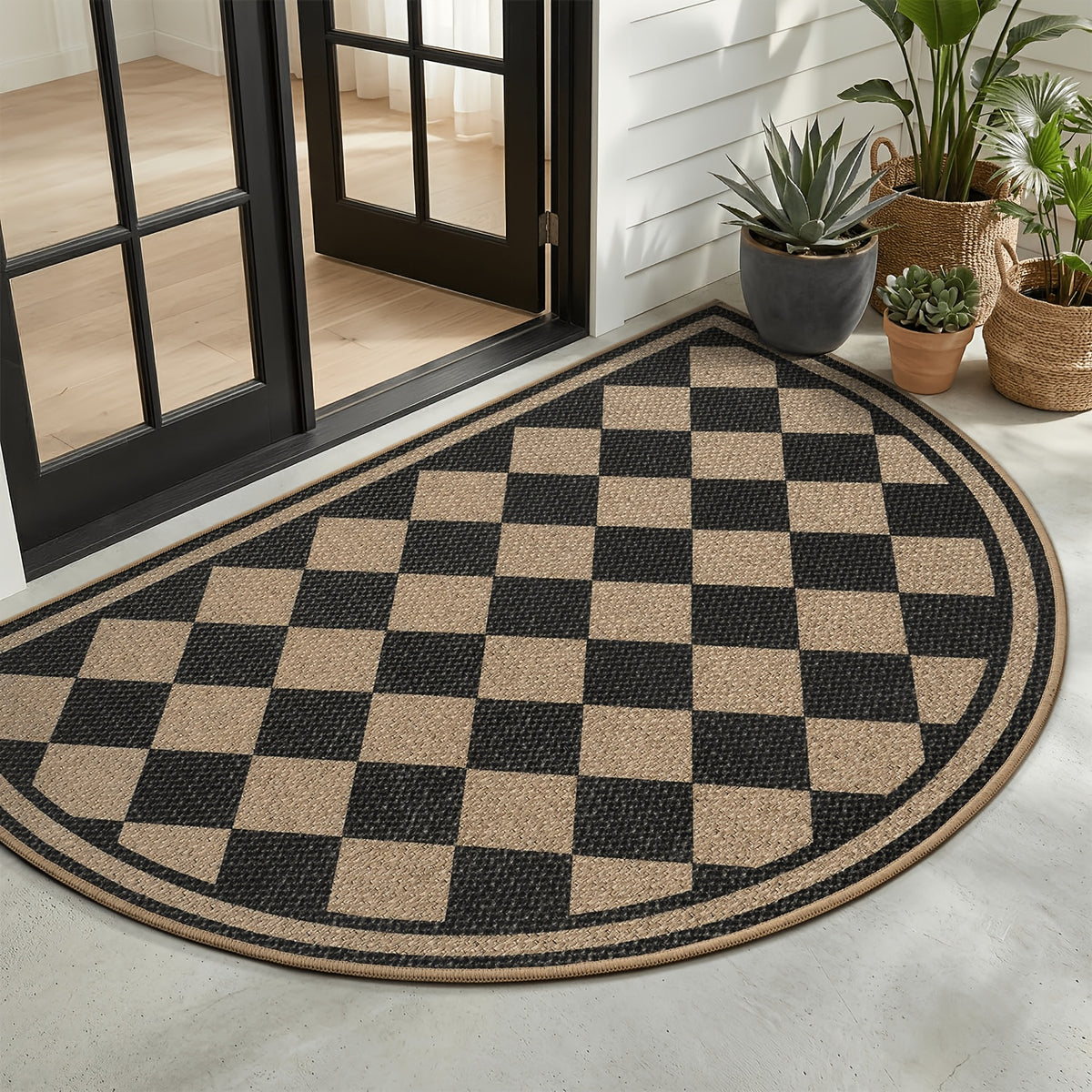 Tapis rond demi-lune à damier beige et noir, profil de 5 mm