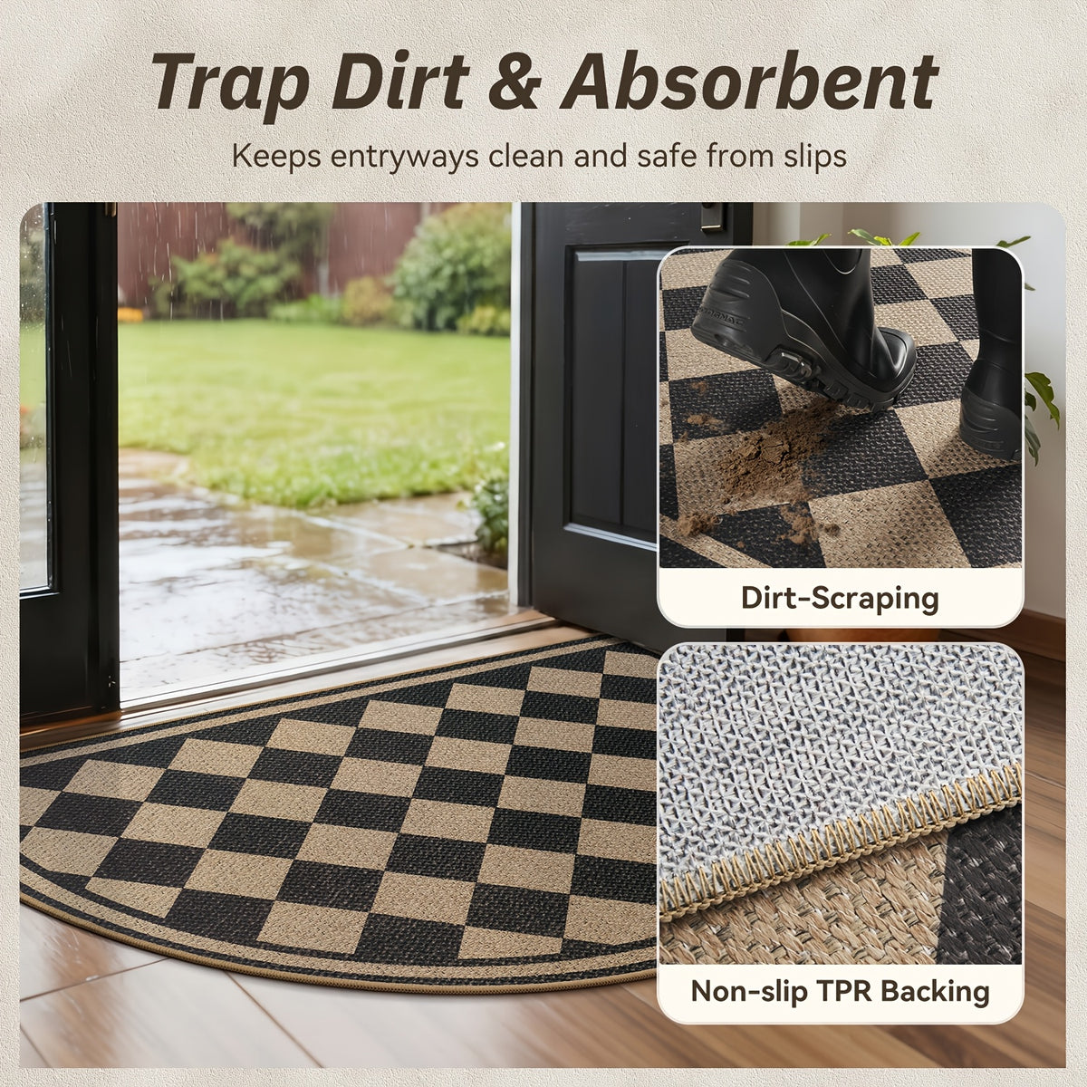 Tapis rond demi-lune à damier beige et noir, profil de 5 mm