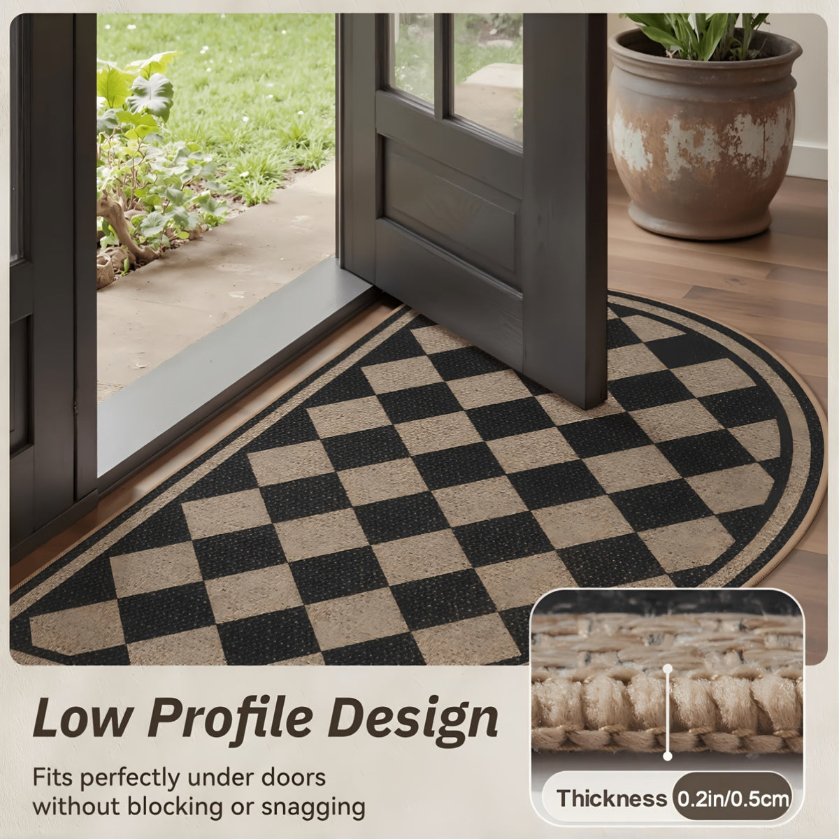 Tapis rond demi-lune à damier beige et noir, profil de 5 mm