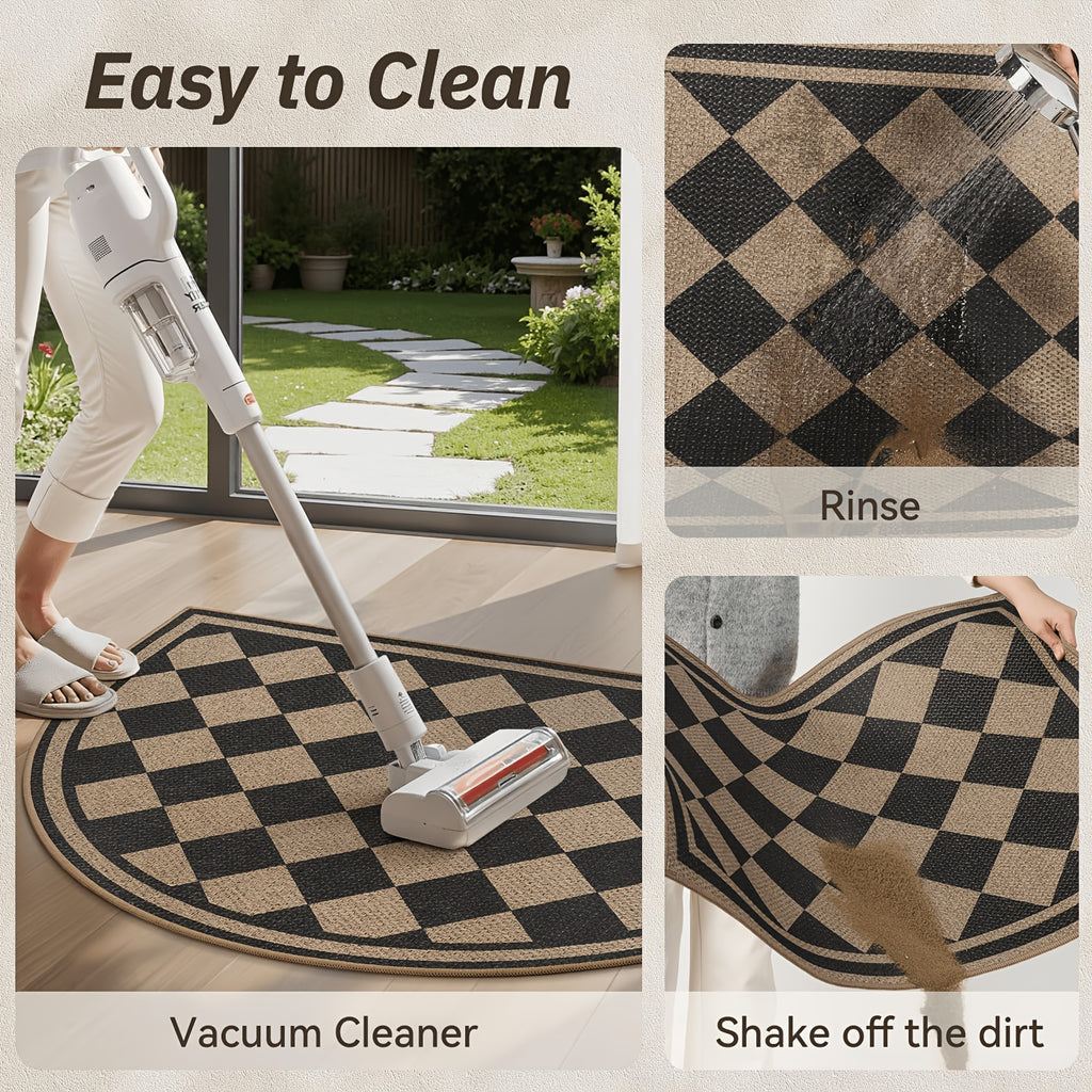 Tapis rond demi-lune à damier beige et noir, profil de 5 mm
