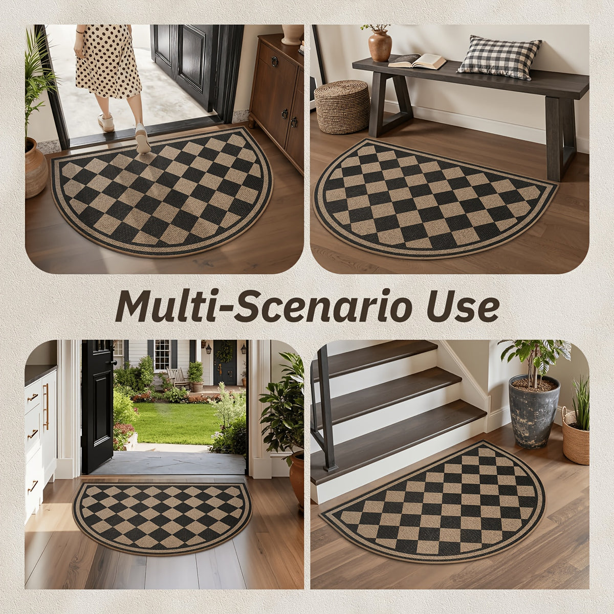 Tapis rond demi-lune à damier beige et noir, profil de 5 mm
