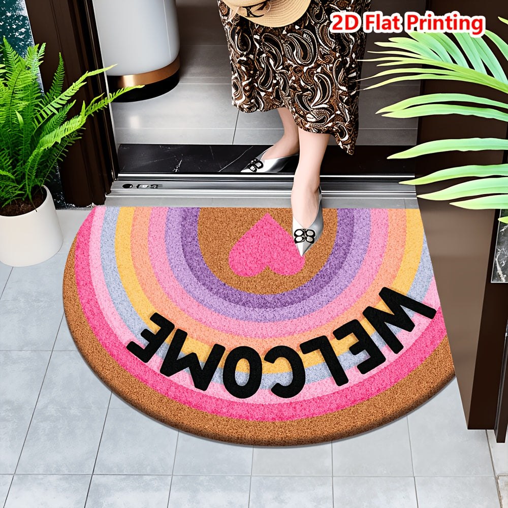 Tapis rond demi-lune arc-en-ciel, flanelle et cœur rose