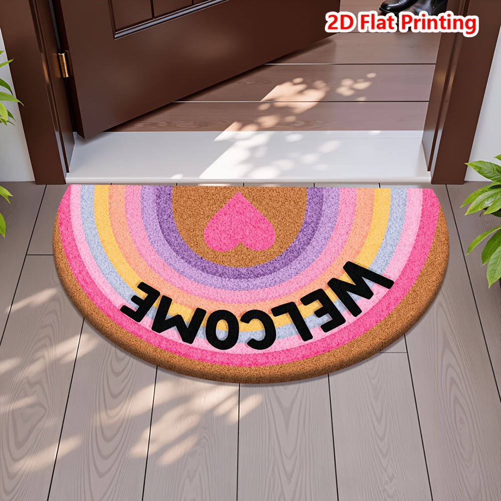 Tapis rond demi-lune arc-en-ciel, flanelle et cœur rose