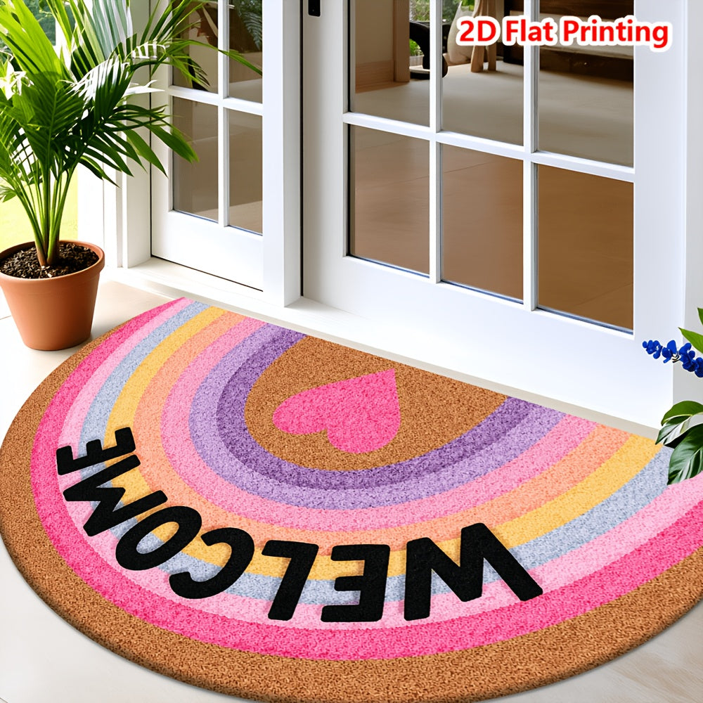 Tapis rond demi-lune arc-en-ciel, flanelle et cœur rose