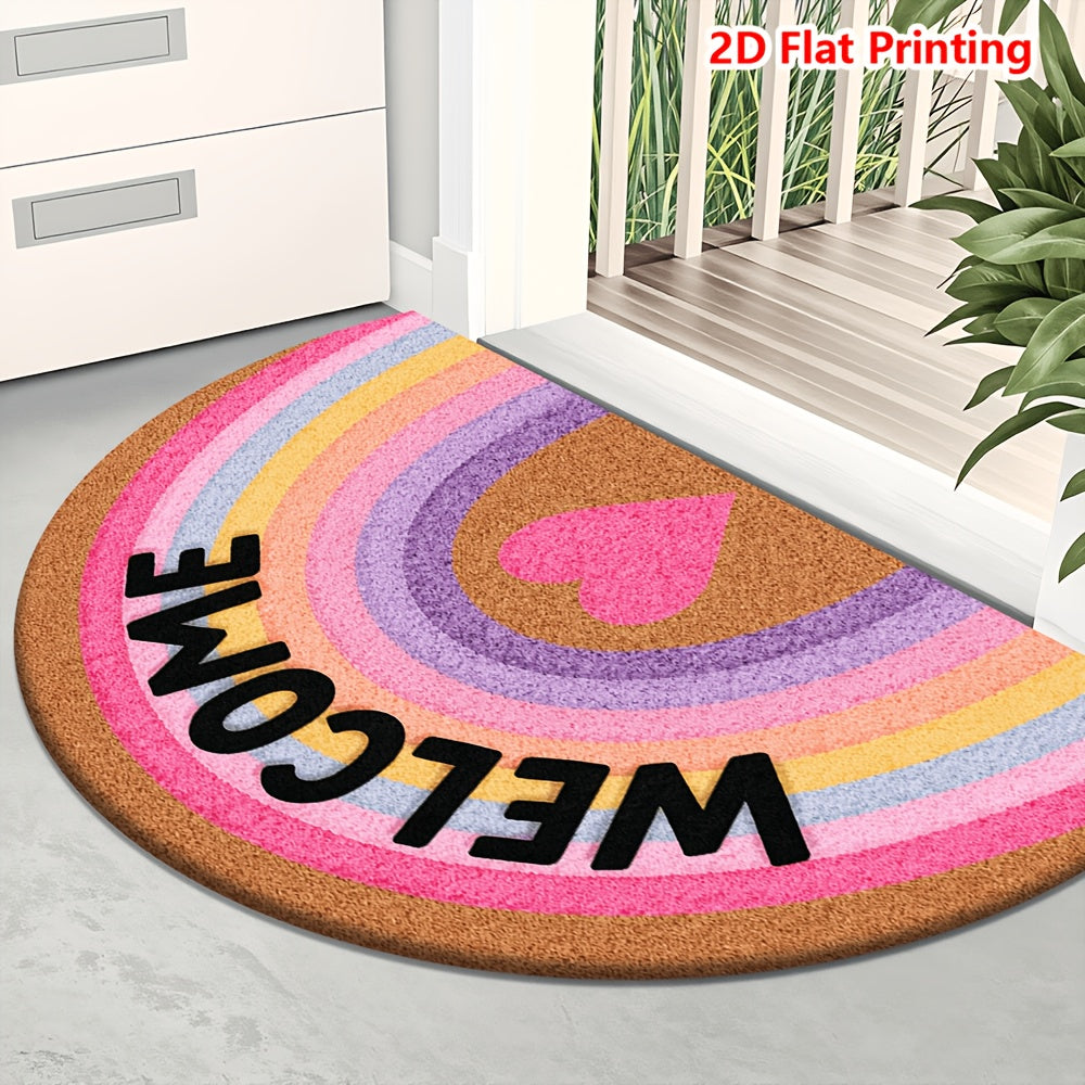 Tapis rond demi-lune arc-en-ciel, flanelle et cœur rose