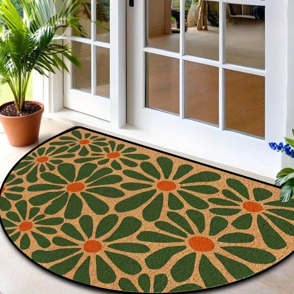 Tapis rond demi-lune imprimé marguerites vertes et orange