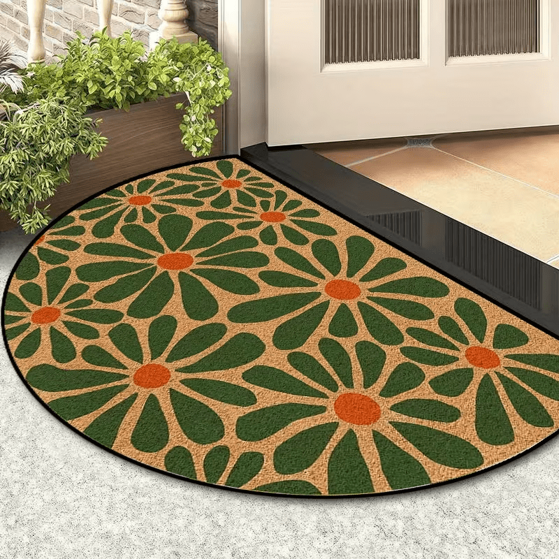 Tapis rond demi-lune imprimé marguerites vertes et orange