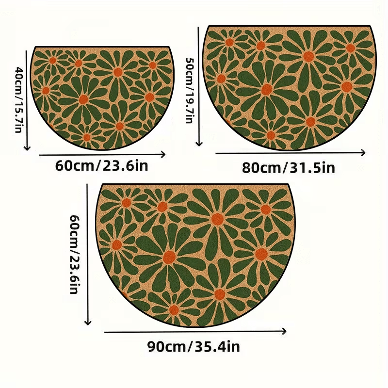 Tapis rond demi-lune imprimé marguerites vertes et orange