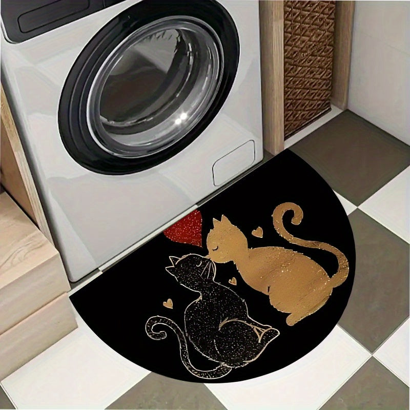Tapis rond demi-lune noir, deux chats dorés et cœur rouge