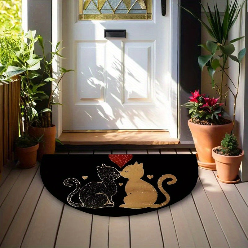 Tapis rond demi-lune noir, deux chats dorés et cœur rouge