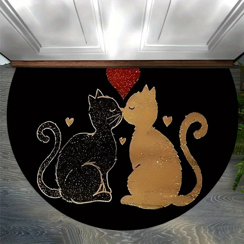 Tapis rond demi-lune noir, deux chats dorés et cœur rouge