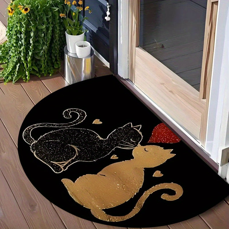 Tapis rond demi-lune noir, deux chats dorés et cœur rouge