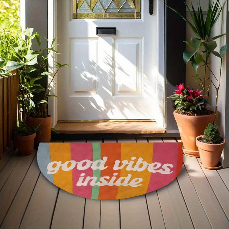Tapis rond demi-lune rayé multicolore, message de bienvenue
