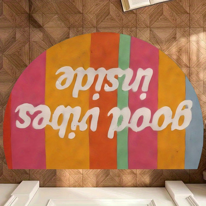 Tapis rond demi-lune rayé multicolore, message de bienvenue