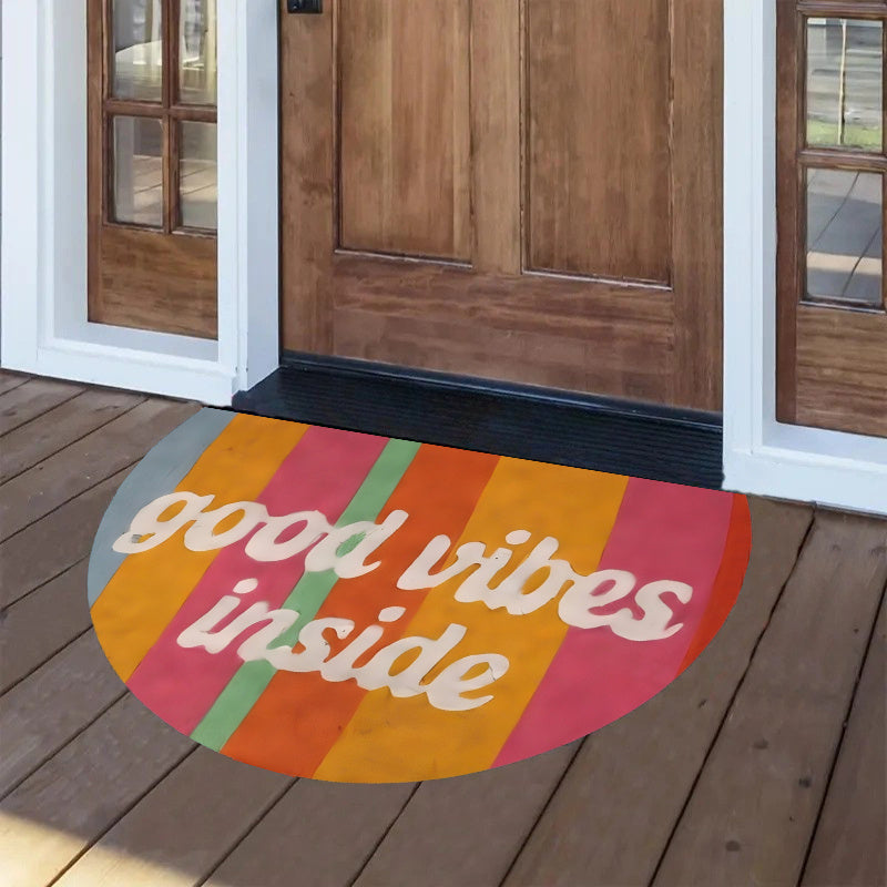 Tapis rond demi-lune rayé multicolore, message de bienvenue
