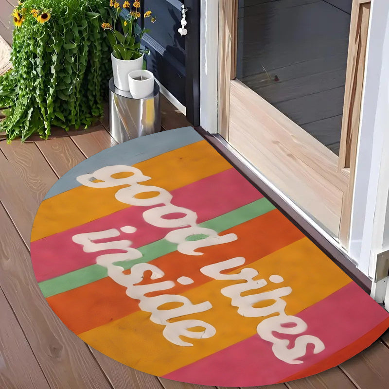 Tapis rond demi-lune rayé multicolore, message de bienvenue