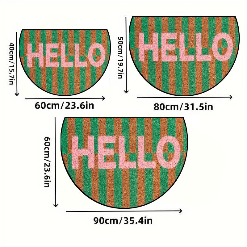 Tapis rond demi-lune à rayures vertes, inscription Hello
