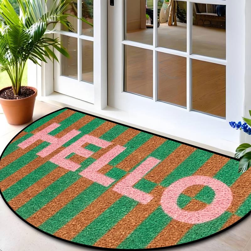 Tapis rond demi-lune à rayures vertes, inscription Hello