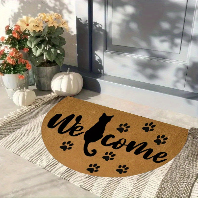 Tapis rond demi-lune Welcome, silhouette de chat en noir