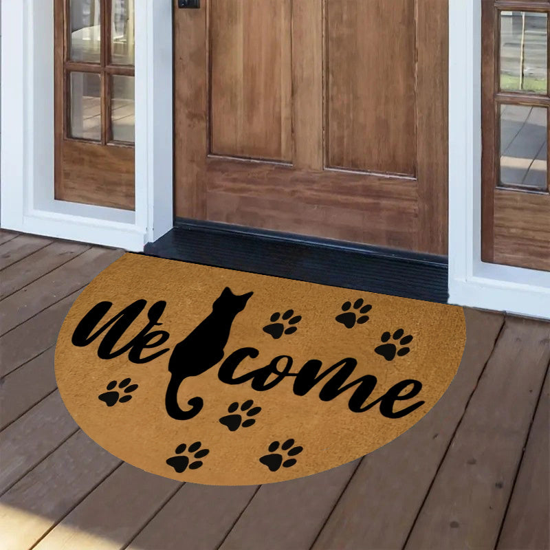 Tapis rond demi-lune Welcome, silhouette de chat en noir