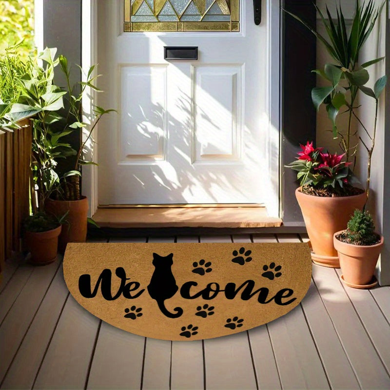 Tapis rond demi-lune Welcome, silhouette de chat en noir