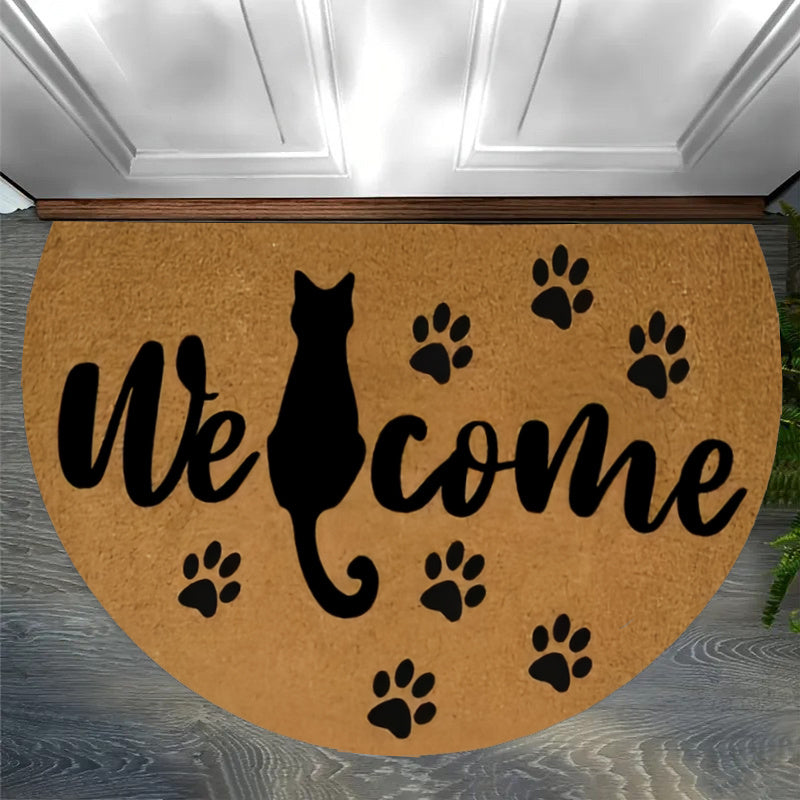 Tapis rond demi-lune Welcome, silhouette de chat en noir