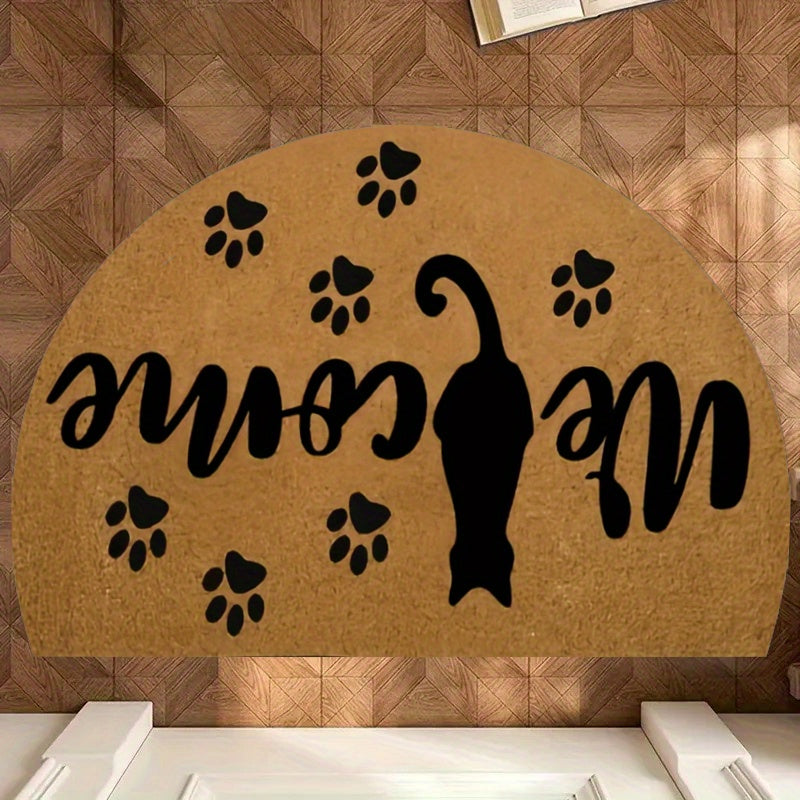 Tapis rond demi-lune Welcome, silhouette de chat en noir