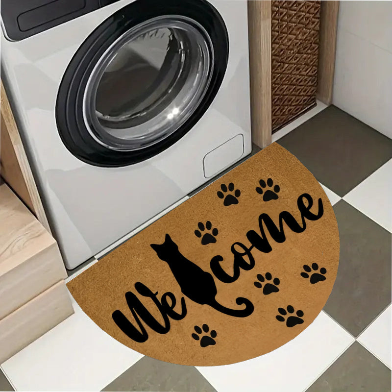 Tapis rond demi-lune Welcome, silhouette de chat en noir