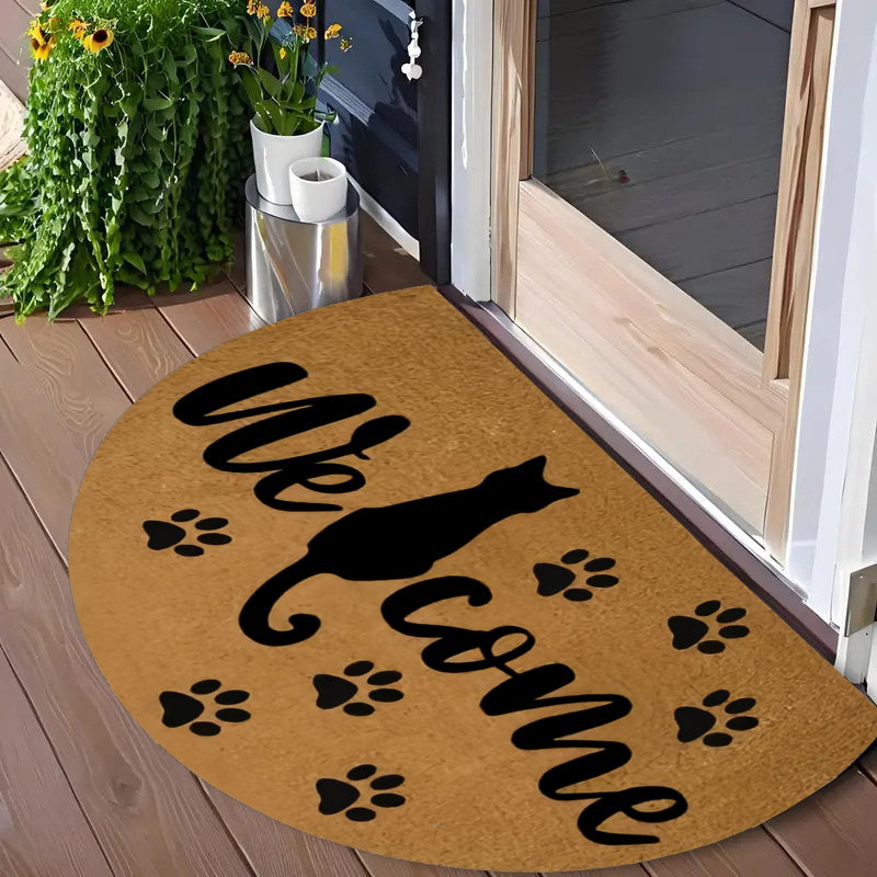 Tapis rond demi-lune Welcome, silhouette de chat en noir