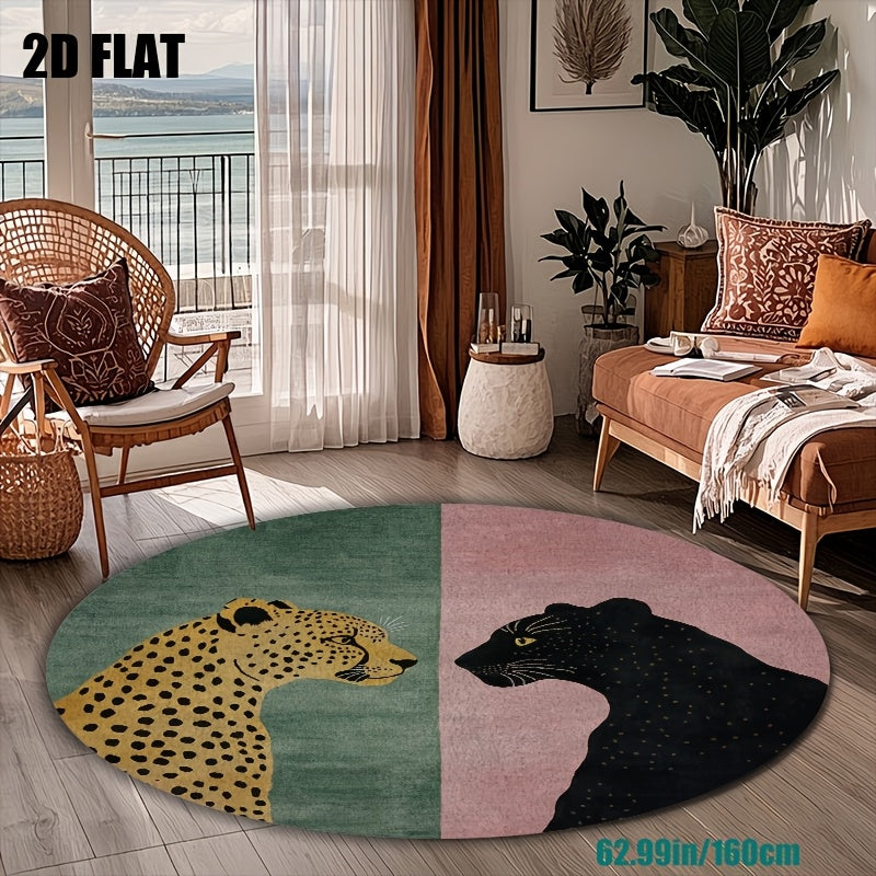 Tapis rond deux félins, vert sauge et rose poudré, dos PVC
