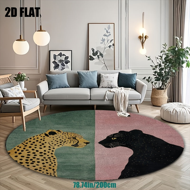 Tapis rond deux félins, vert sauge et rose poudré, dos PVC