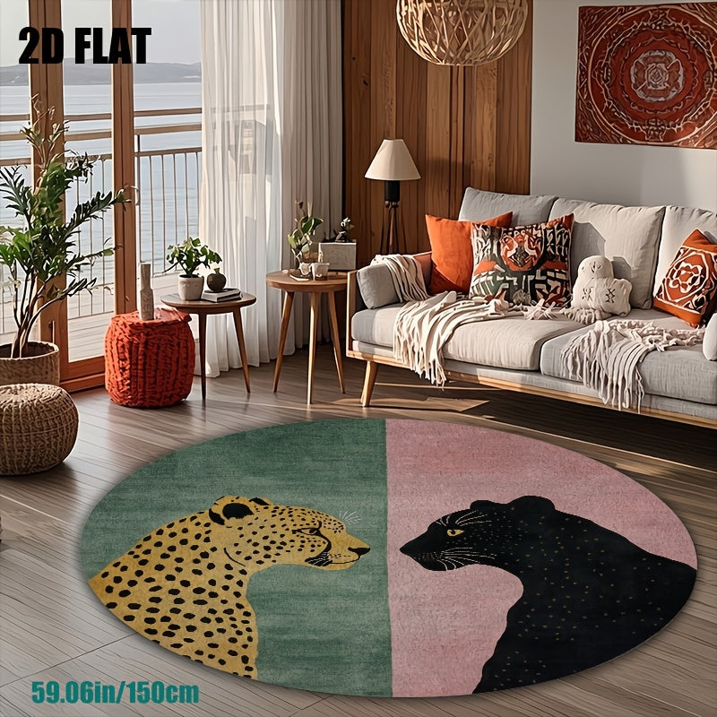 Tapis rond deux félins, vert sauge et rose poudré, dos PVC