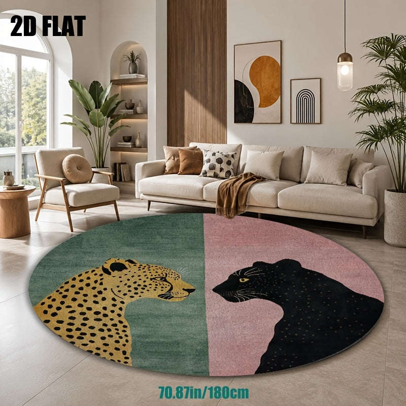 Tapis rond deux félins, vert sauge et rose poudré, dos PVC