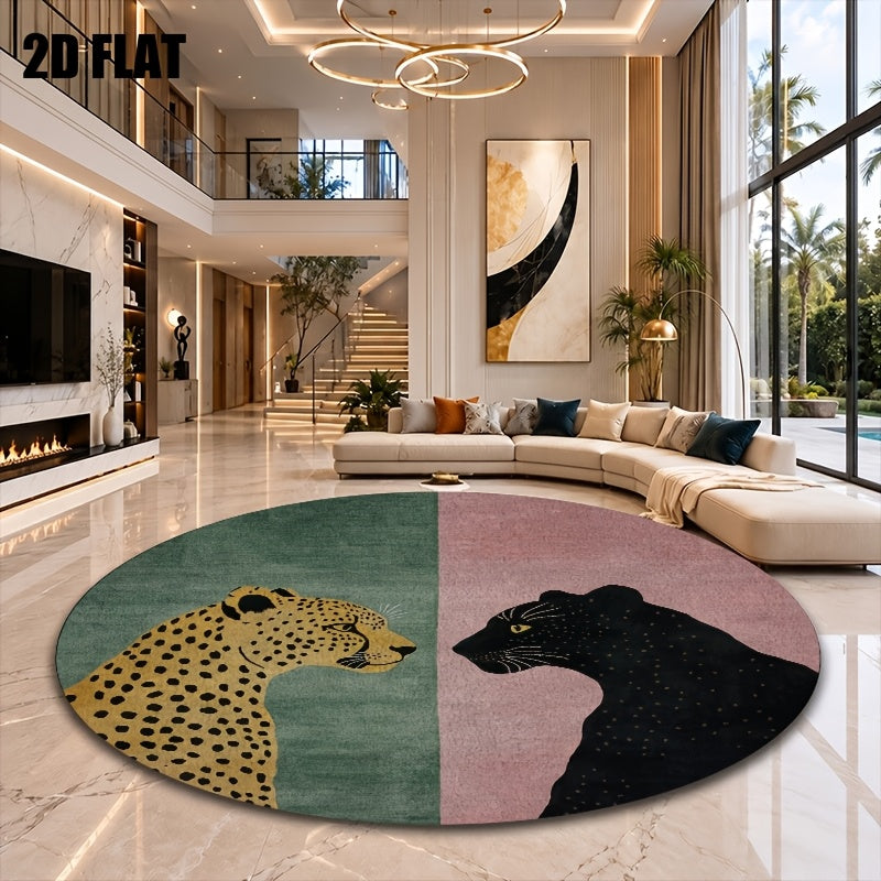 Tapis rond deux félins, vert sauge et rose poudré, dos PVC