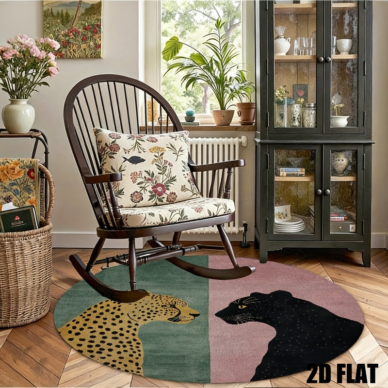 Tapis rond deux félins, vert sauge et rose poudré, dos PVC