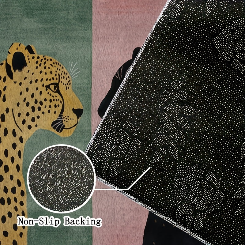 Tapis rond deux félins, vert sauge et rose poudré, dos PVC
