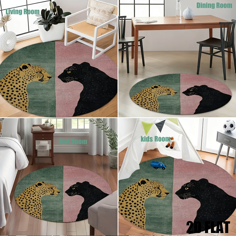 Tapis rond deux félins, vert sauge et rose poudré, dos PVC