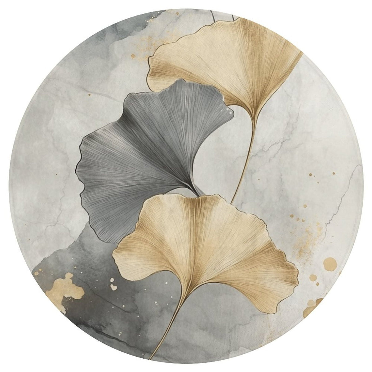 Tapis rond gris et beige à grandes feuilles de ginkgo dorées