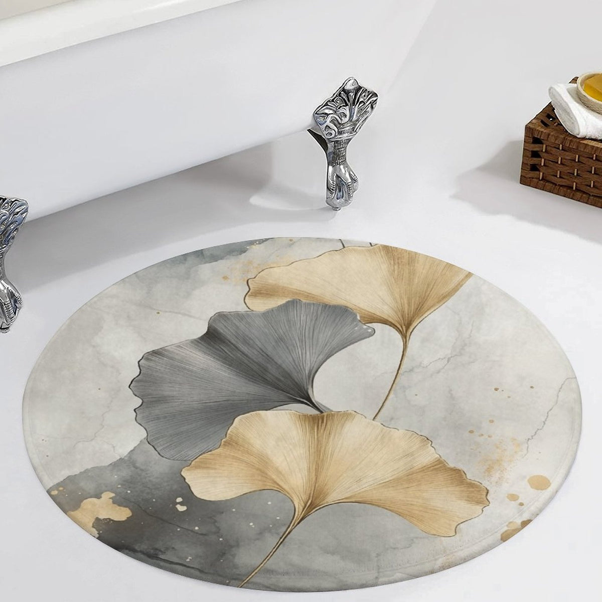 Tapis rond gris et beige à grandes feuilles de ginkgo dorées