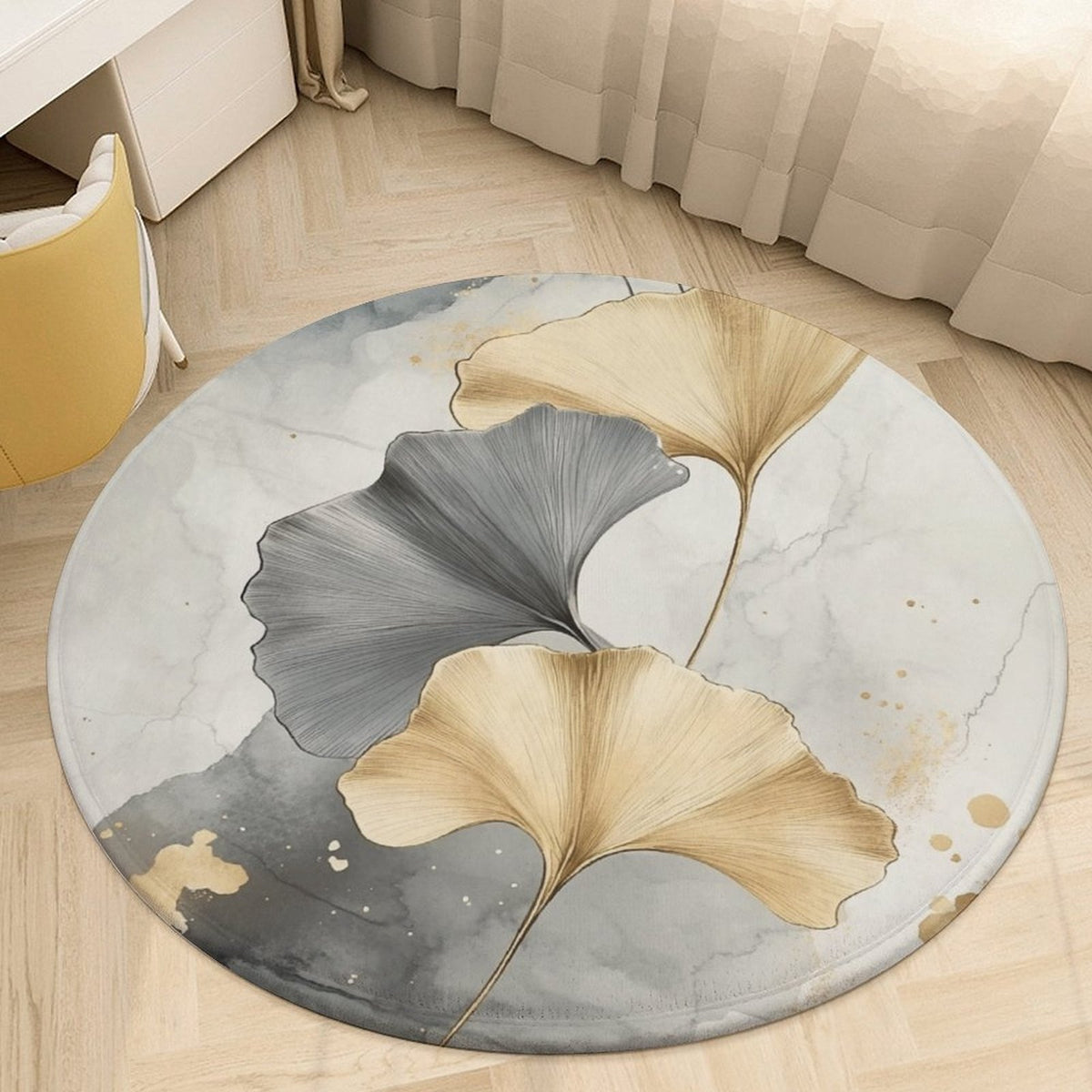 Tapis rond gris et beige à grandes feuilles de ginkgo dorées
