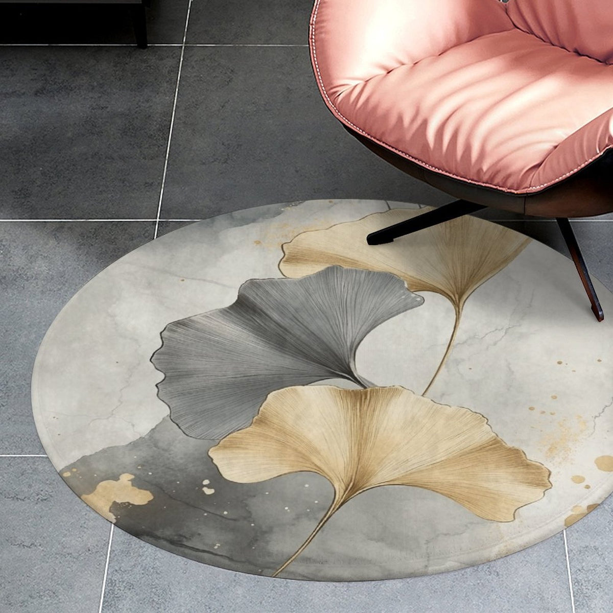 Tapis rond gris et beige à grandes feuilles de ginkgo dorées