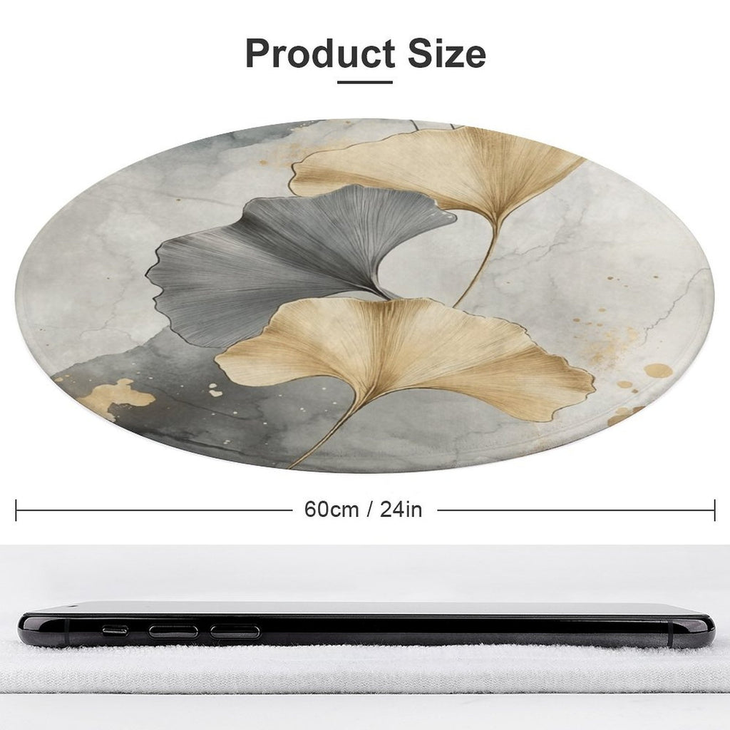 Tapis rond gris et beige à grandes feuilles de ginkgo dorées