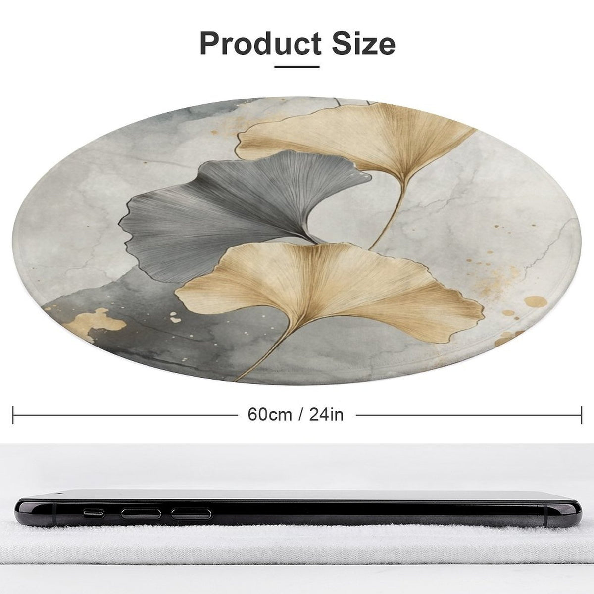 Tapis rond gris et beige à grandes feuilles de ginkgo dorées