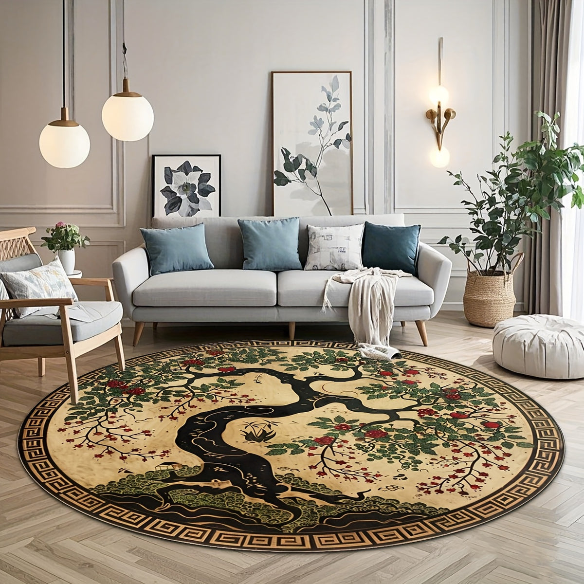 Tapis rond doré et noir, arbre de vie en laque vieillie