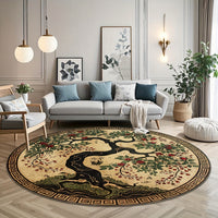 Tapis rond doré et noir, arbre de vie en laque vieillie