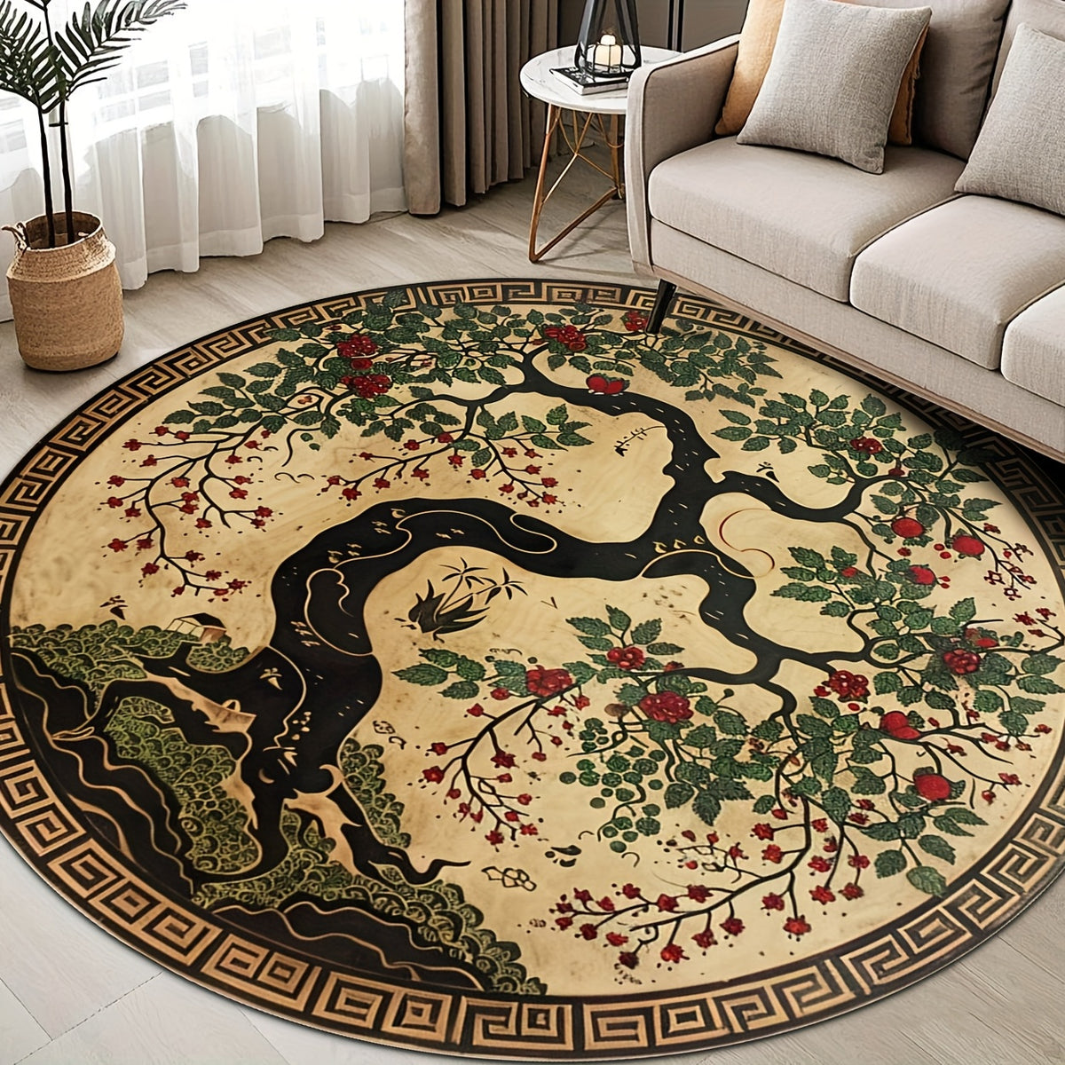 Tapis rond doré et noir, arbre de vie en laque vieillie